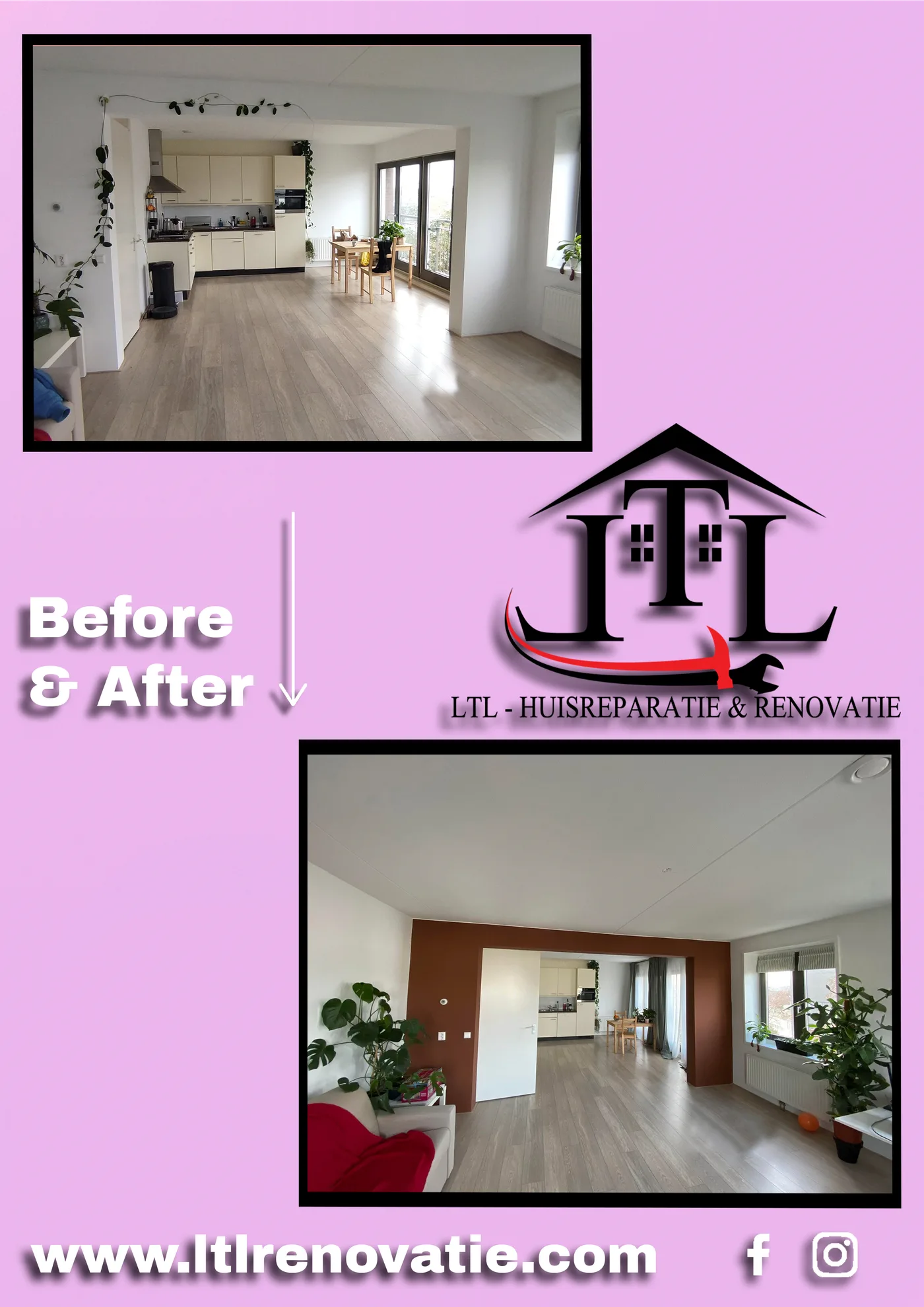 Voor en na 1 van 4, Wandherstel en tweekleurig schilderwerk in Haarlem door LTL Huisreparatie & Renovatie