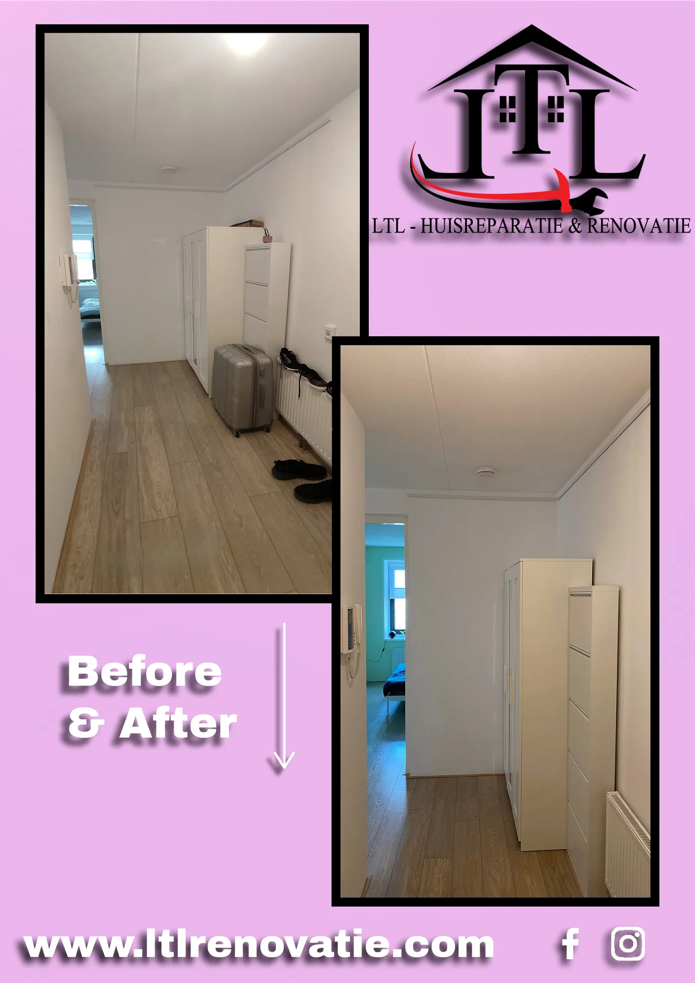 Voor en na 4 van 4, Wandherstel en tweekleurig schilderwerk in Haarlem door LTL Huisreparatie & Renovatie