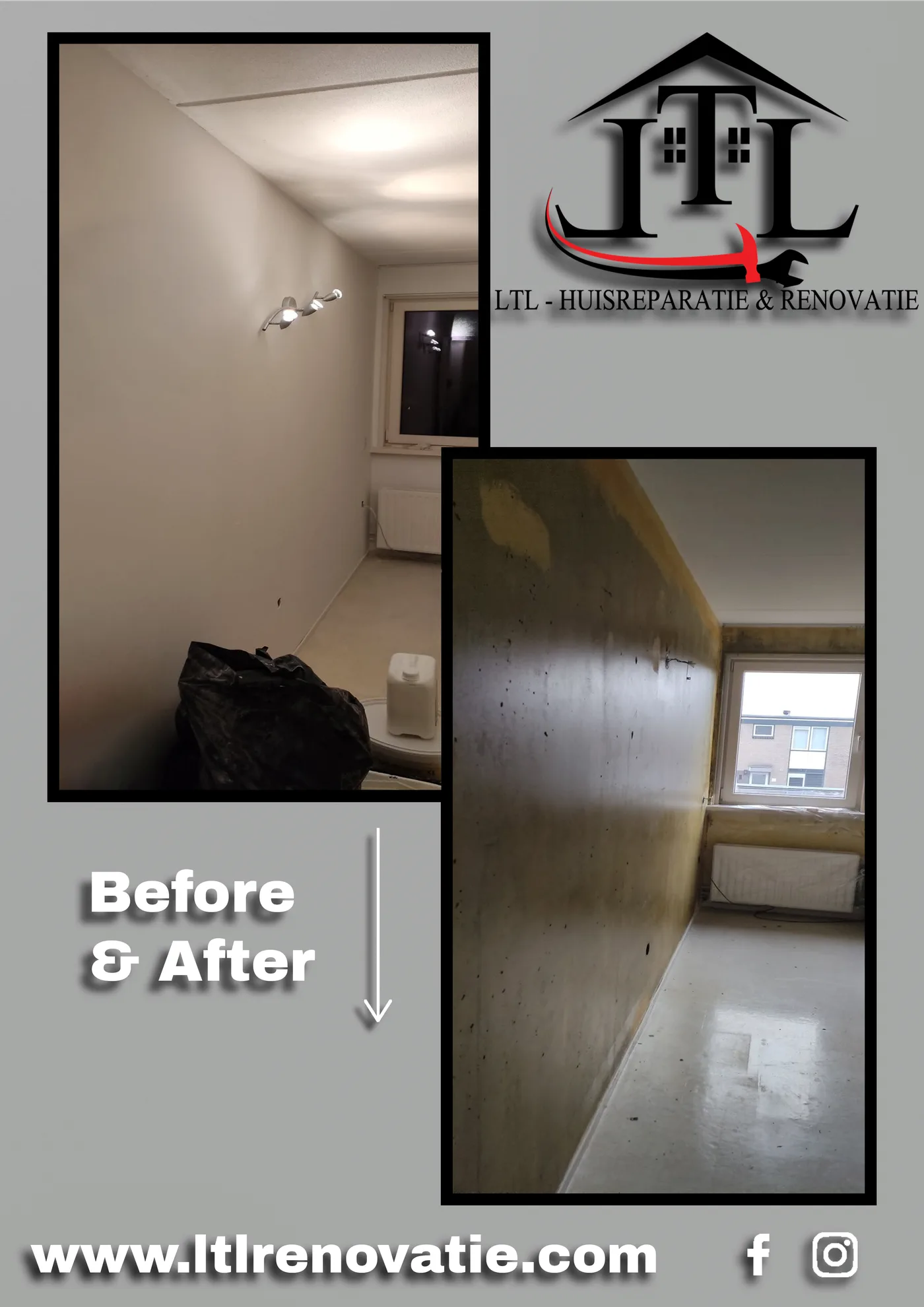 Voor en na 1 van 4, Complete wandrenovatie en schilderwerk in Amsterdam door LTL Huisreparatie & Renovatie