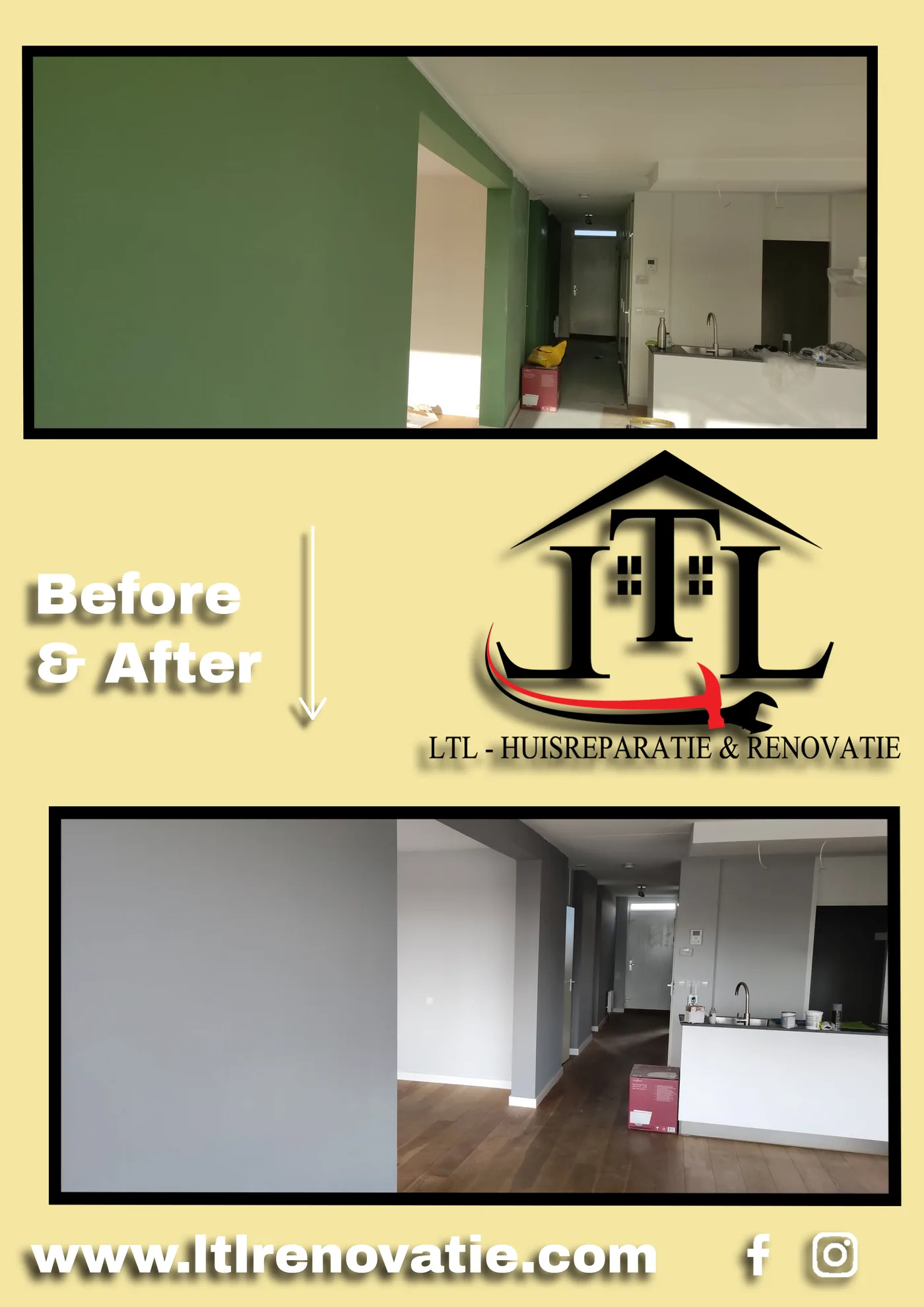 Voor en na 1 van 7, Wandherstel en tweekleurig schilderwerk in Den Haag door LTL Huisreparatie & Renovatie