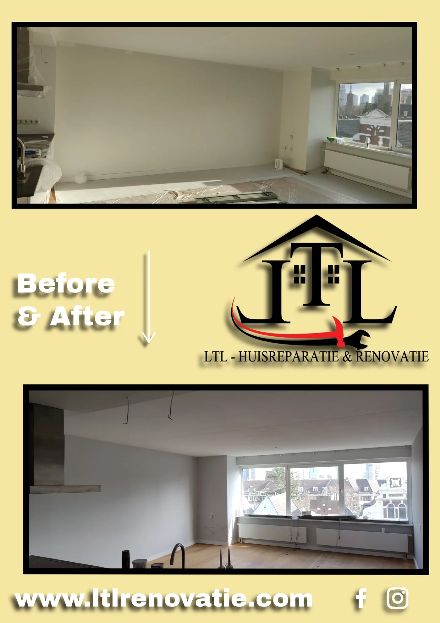 Voor en na 3 van 7, Wandherstel en tweekleurig schilderwerk in Den Haag door LTL Huisreparatie & Renovatie
