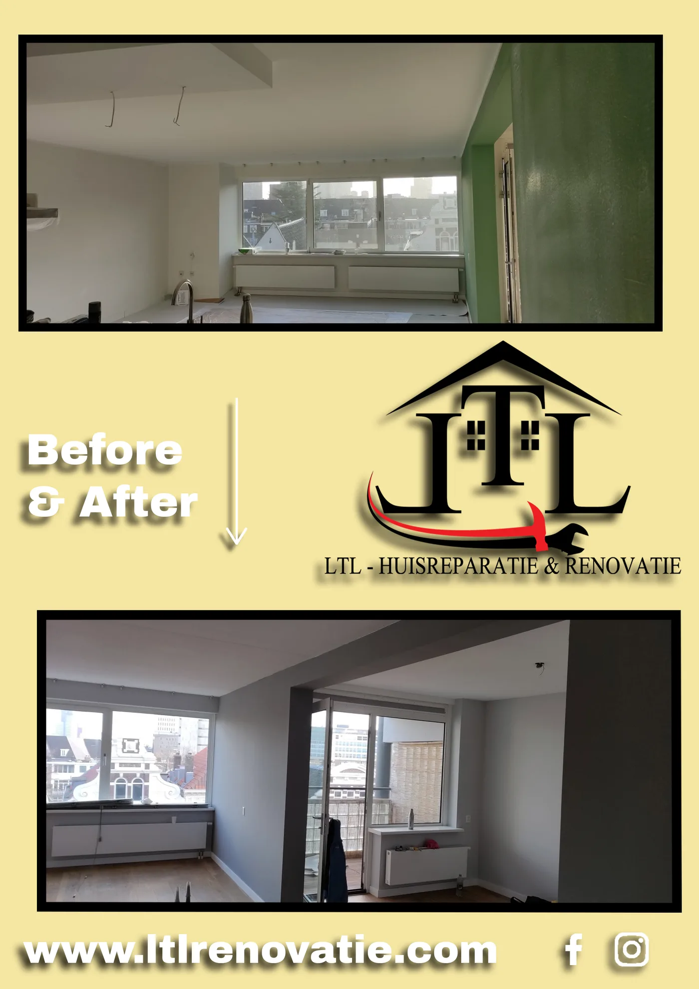 Voor en na 4 van 7, Wandherstel en tweekleurig schilderwerk in Den Haag door LTL Huisreparatie & Renovatie