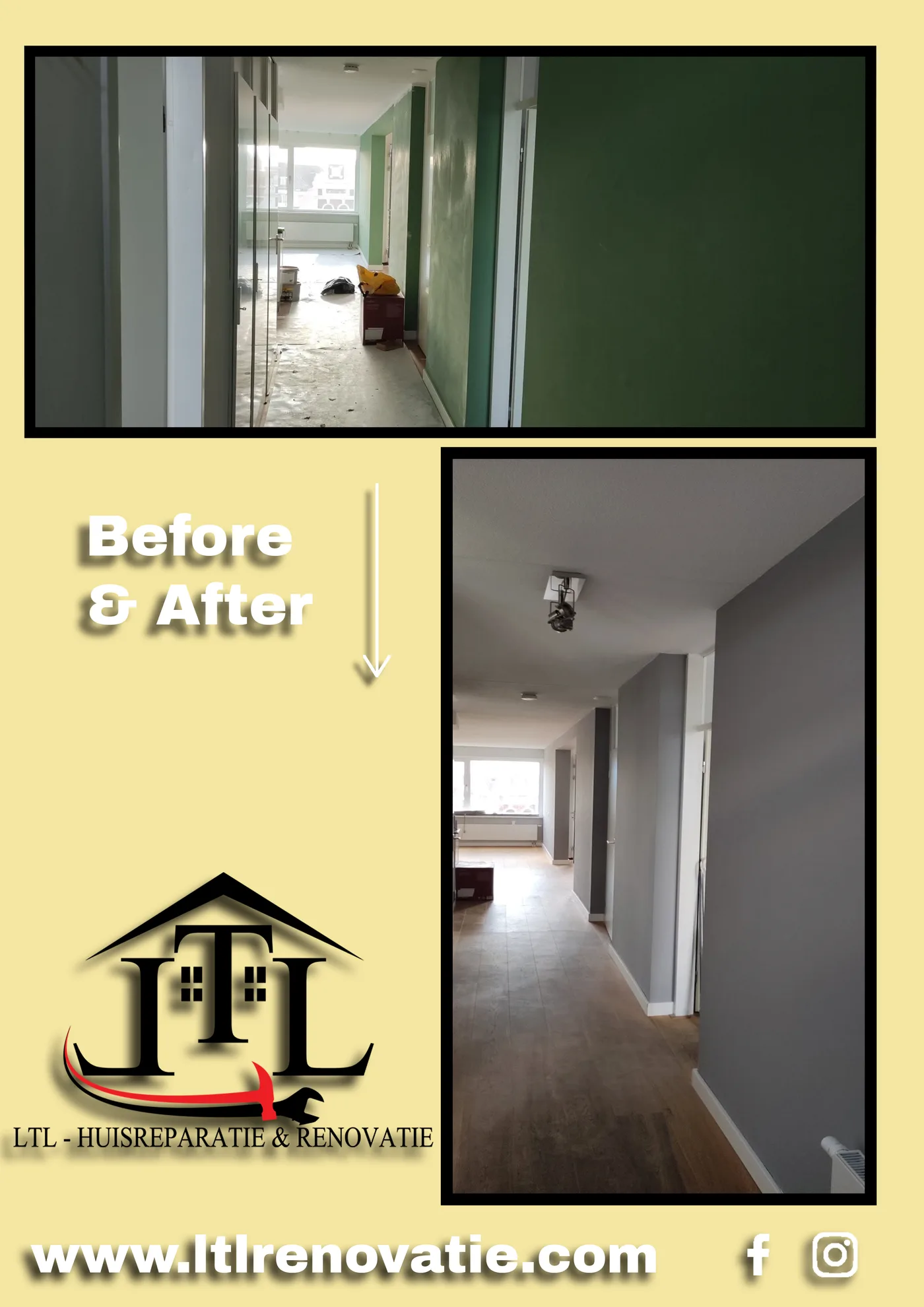 Voor en na 5 van 7, Wandherstel en tweekleurig schilderwerk in Den Haag door LTL Huisreparatie & Renovatie