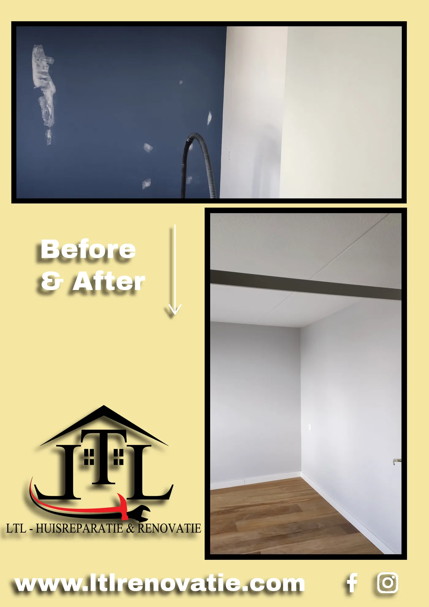 Voor en na 6 van 7, Wandherstel en tweekleurig schilderwerk in Den Haag door LTL Huisreparatie & Renovatie