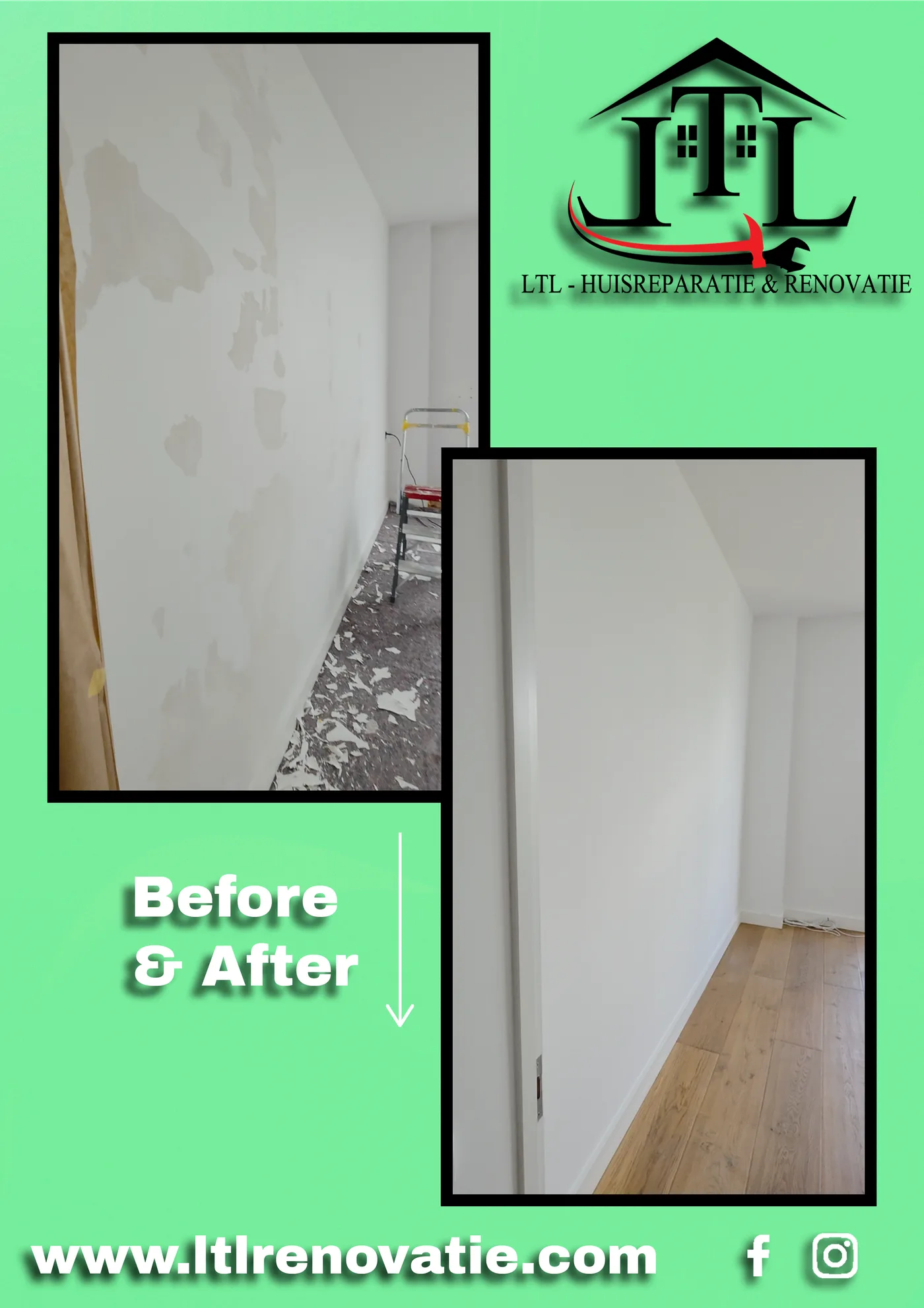 Voor en na 5 van 11, Wandrenovatie en spuitwerk in Amsterdam door LTL Huisreparatie & Renovatie